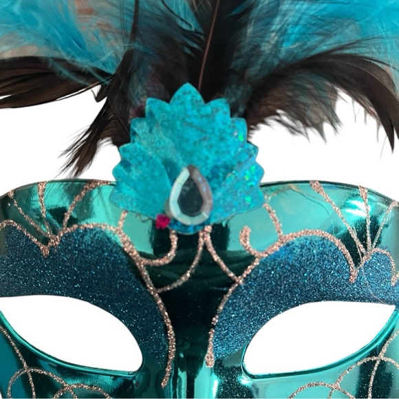 Fancy Feather Masquerade Mask - Turquoise & Black - Picture 3 of 5